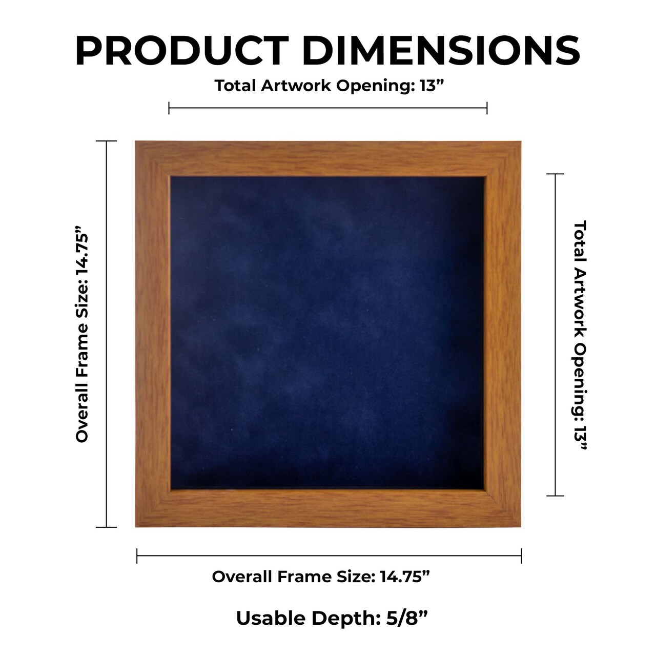 Warm Honey Brown Wood Shadow Box Frame with Acrylic Front - Navy Blue Suede Backing, 30 Sizes